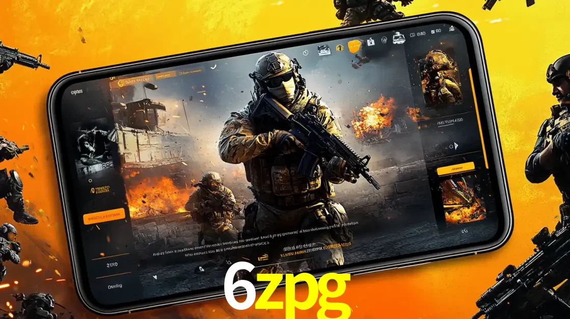 Um smartphone exibindo a interface de um jogo de tiro em primeira pessoa, com um soldado em um cenário de batalha, representando a ação dos e-sports para apostar no 6zpg.