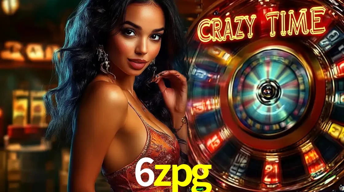 Mulher elegante ao lado da vibrante roda da fortuna do jogo de cassino ao vivo Crazy Time, um dos game shows mais populares e cheios de prêmios do 6zpg.