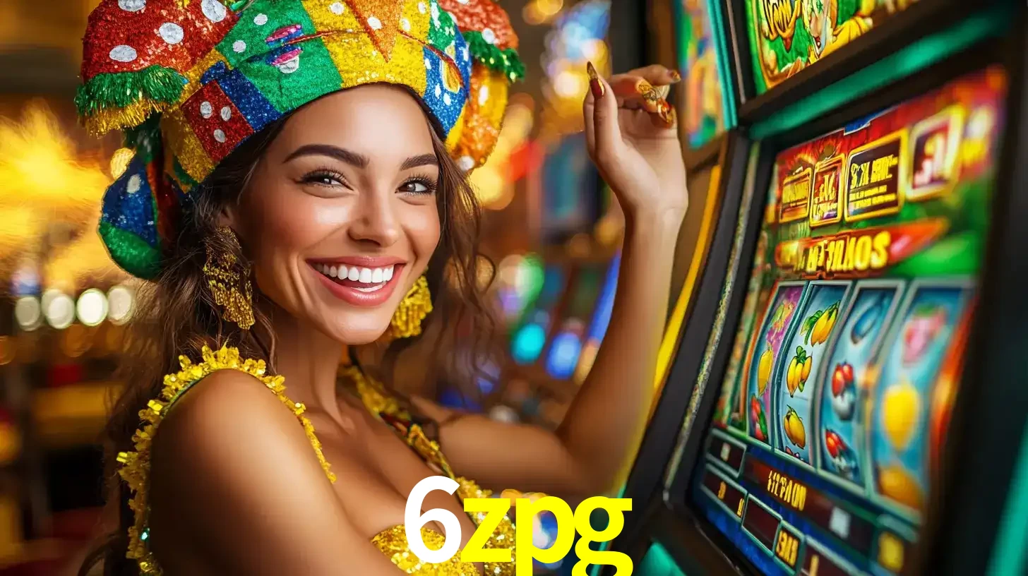 Mulher feliz com traje de carnaval amarelo e colorido ao lado de uma máquina de caça-níqueis, aproveitando a diversão e os jogos temáticos do cassino 6zpg.